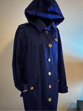 Michael Kors Navy Blue Hooded Trench Coat with Gold Buttons